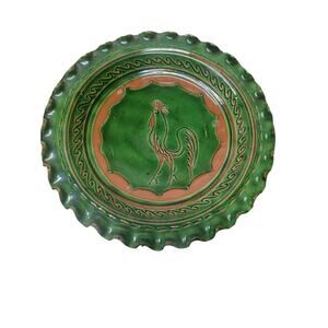 Vintage Mid Century Incised Carved Handmade Tito Ubeda Pottery Dish Green 9"